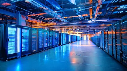 Poster - A vast, state-of-the-art data center with rows of servers and blue LED lighting