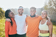 © Courtney/peopleimages.com - Fitness, park and portrait of people hug for training, exercise and running workout. Sports, friends and happy men and women for wellness, health and cardio outdoors for teamwork, goals and support