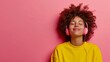 © AlfaSmart - A cute person relaxes with headphones on, enjoying their music, against a playful pink background