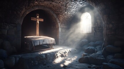 A cinematic shot of the tomb where Jesus was born, with an open door and cross on top, stone walls, stones scattered around, soft light