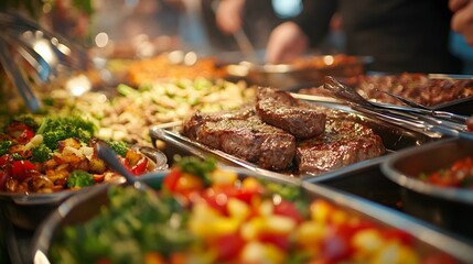 A vibrant and colorful photograph captures an event featuring the delicious food at the buffet line in the banquet hall