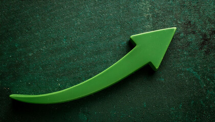 Green arrow pointing upwards, green textured background. Business and market growth concept.