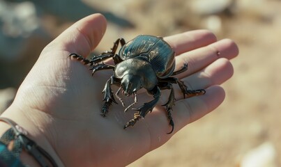 A shiny beetle rests on an open hand in a natural outdoor setting, reflecting the beauty of wildlife connection, curiosity, and gentle exploration of nature's creatures