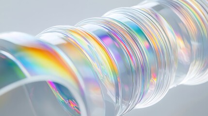 Sticker - Glossy iridescent spiral tube with rainbow reflections and transparent surfaces, creating a futuristic abstract background for creative designs