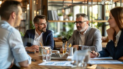 A group of people are sitting around a table in a conference room