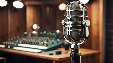 A vintage-style microphone with a polished chrome finish and a retro grille design, placed on a wooden stand in a recording studio