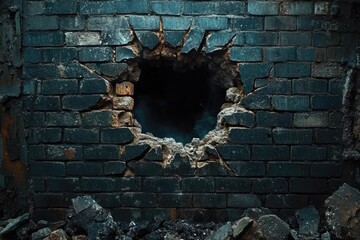 Poster - A Hole in a Dark Brick Wall With Rubble Below