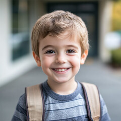 Wall Mural - Back to school portrait of a young boy with a backpack on and a school background