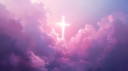 Wall Mural - A cross with clouds behind it, shining light in the sky. The background is an abstract painting of purple and yellow colors.