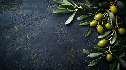 Wall Mural - olives and twigs on dark textured background 