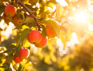 Wall Mural - Red apple branch close-up in fruit orchard background with copy space