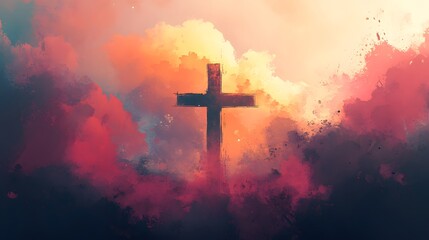 A cross with clouds behind it, shining light in the sky. The background is an abstract painting of purple and yellow colors.