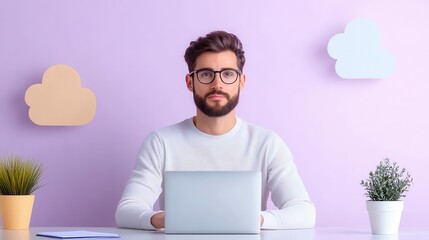 A young man with glasses working on a laptop at a desk with a colorful background and modern decor, embodying creativity and focus.