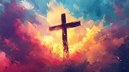 Wall Mural - A cross with clouds behind it, shining light in the sky. The background is an abstract painting of purple and yellow colors.