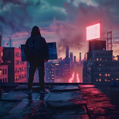 Wall Mural - Illustration of Action hero on a rooftop, skyline background, holding a sign for mental health awareness, neon lights, dusk. Ai Generate.
