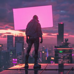 Illustration of Action hero on a rooftop, skyline background, holding a sign for mental health awareness, neon lights, dusk. Ai Generate.
