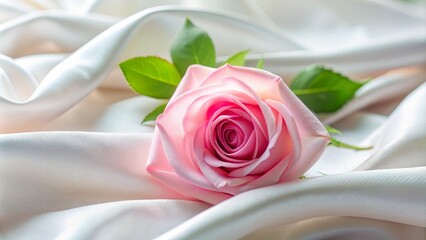 Wall Mural - A single pink rose, with its petals unfurling, lies gracefully on a bed of smooth white satin fabric, symbolizing love, beauty, elegance, and purity.