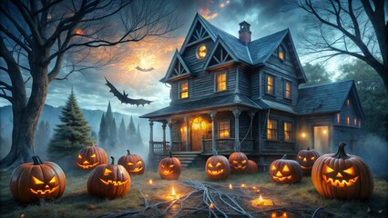 Canvas Print - A spooky Halloween scene with a haunted house, pumpkins, and a bat flying in the night sky. It symbolizes the themes of Halloween, mystery, spooky, autumn, and celebration.