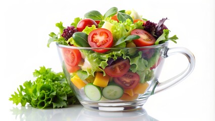 Wall Mural - A vibrant and appetizing salad overflowing with fresh vegetables, including tomatoes, cucumbers, lettuce, and herbs. The salad is presented in a clear glass bowl with a handle, emphasizing the freshne