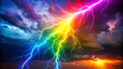 Canvas Print - A vibrant rainbow lightning bolt streaks across a dramatic stormy sky, symbolizing power, energy, beauty, nature, and the unexpected.