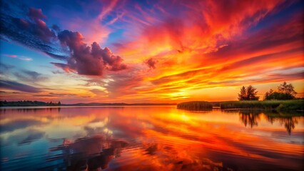 Poster - A vibrant sunset paints the sky with fiery hues, reflected in the tranquil water of a serene lake. The scene evokes feelings of peace, tranquility, and the beauty of nature.