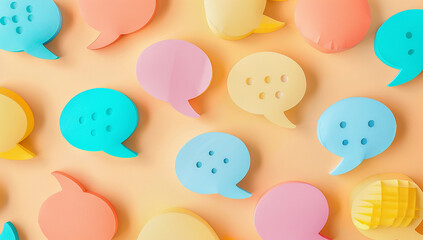 Colorful speech bubbles on pastel background, symbol of communication and conversation.