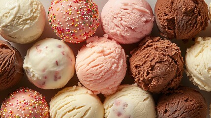 Wall Mural - Pastel colored ice cream scoops in rows. Dessert and summer treat concept. Image for ice cream shop advertising and menu.