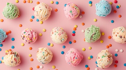 Wall Mural - Colorful ice cream scoops on pink background. Dessert and summer treat concept. Image for ice cream shop advertising and menu.