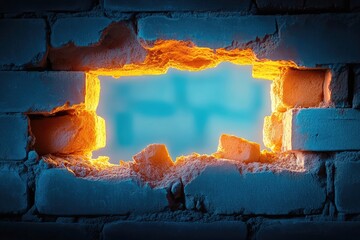 Canvas Print - A Hole in a Brick Wall with Glowing Orange Edges and a Blurred Blue Background