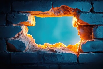 Canvas Print - A Hole in a Brick Wall Reveals a Blue Light