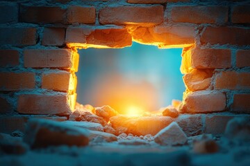 Canvas Print - A Hole in a Brick Wall Revealing a Bright, Glowing Light