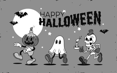 Wall Mural - Retro groovy Halloween mascot set. Isolated cartoon vector funny characters, jack o lantern, ghost and skeleton with a candle, with spooky and funny expression during party night celebration