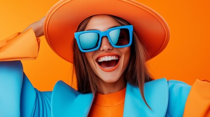 A woman wearing a blue and orange outfit and sunglasses is smiling. She is wearing a hat and has her hair up