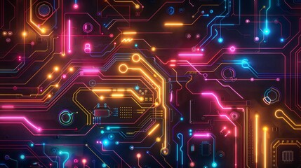 electronic circuit board with glowing neon