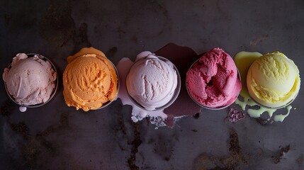 Wall Mural - Top view colorful scoops of ice cream on a dark surface. Frozen dessert and summer treat concept. Banner with copy space for ice cream shop advertising and menu.