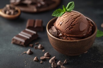 Wall Mural - Chocolate ice cream scoops in dark bowl with mint leaves and chocolate. Frozen dessert and summer treat concept. Banner with copy space for ice cream shop advertising and menu.