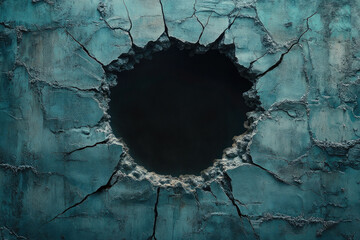 Wall Mural - A Large Circular Hole in a Teal Cracked Wall