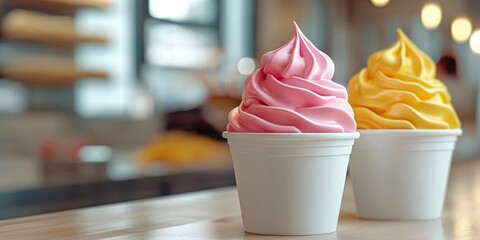 Wall Mural - Pink and yellow soft serve ice cream in white paper cups on on a wooden counter in a cafe. Frozen dessert and summer treat concept. Banner with copy space for ice cream shop advertising and menu.