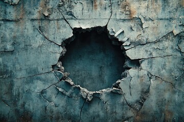 Canvas Print - A large circular hole in a cracked concrete wall