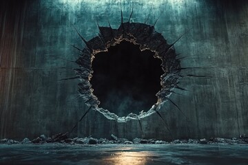 Poster - Circular Hole in a Concrete Wall with a Black Background and Crumbling Edges