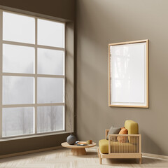 Minimalist livinig room with wooden  furnitures. Mock up poster frame in Scandinavian style interior. 3D illustration