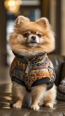 Wall Mural - A pomeranian dog is wearing a colorful jacket. The dog has a big smile on its face