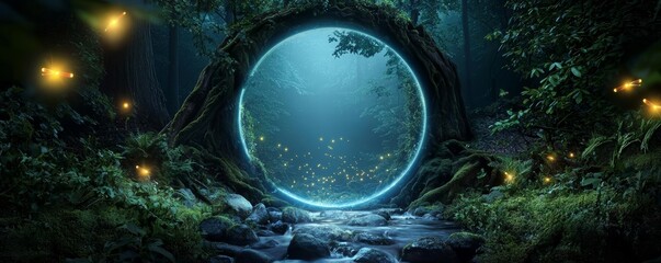 a magical forest clearing with a bubbling stream, glowing fireflies, and a mysterious portal