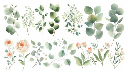 Wall Mural - Watercolor eucalyptus and peony elements