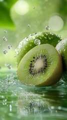 Wall Mural - Freshly sliced kiwi fruit splashes in water droplets under natural light in a garden setting