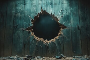 Canvas Print - A Hole in a Distressed Teal Wooden Wall