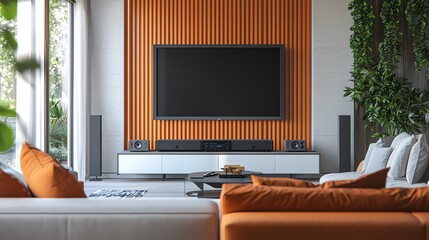 Wall Mural - Modern living room interior featuring orange accents, cozy seating, and a flat-screen TV for an inviting atmosphere.