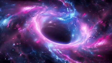 Wall Mural - video of cosmic scene featuring swirling black hole surrounded by colorful nebula clouds in shades of pink, purple, blue. grandeur and mystery of space, concepts of universe, time, space exploration