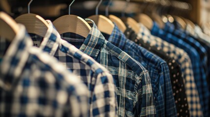 Checkered and blue shirts hanging on hangers