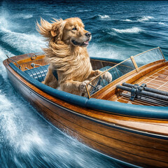 A golden retriever joyfully rides at the helm of a speeding wooden motorboat on a choppy blue lake